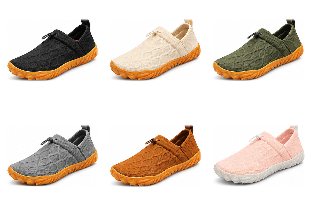 Toeluna Flex Knit walking shoes in six colors: black, cream, burnt orange, army green, charcoal gray and soft pink