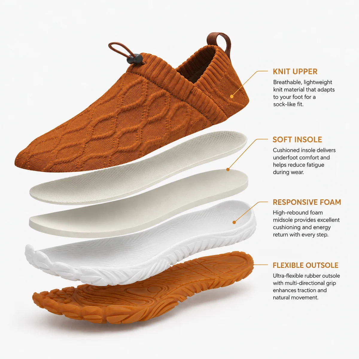 Toeluna Flex Knit Lightweight Slip-On Walking Shoes - Burnt Orange